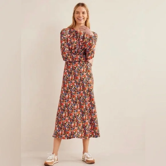 Boden Crew Neck Midi Floral Tea Dress Multicolor Long Sleeve Size 6 - Picture 2 of 8